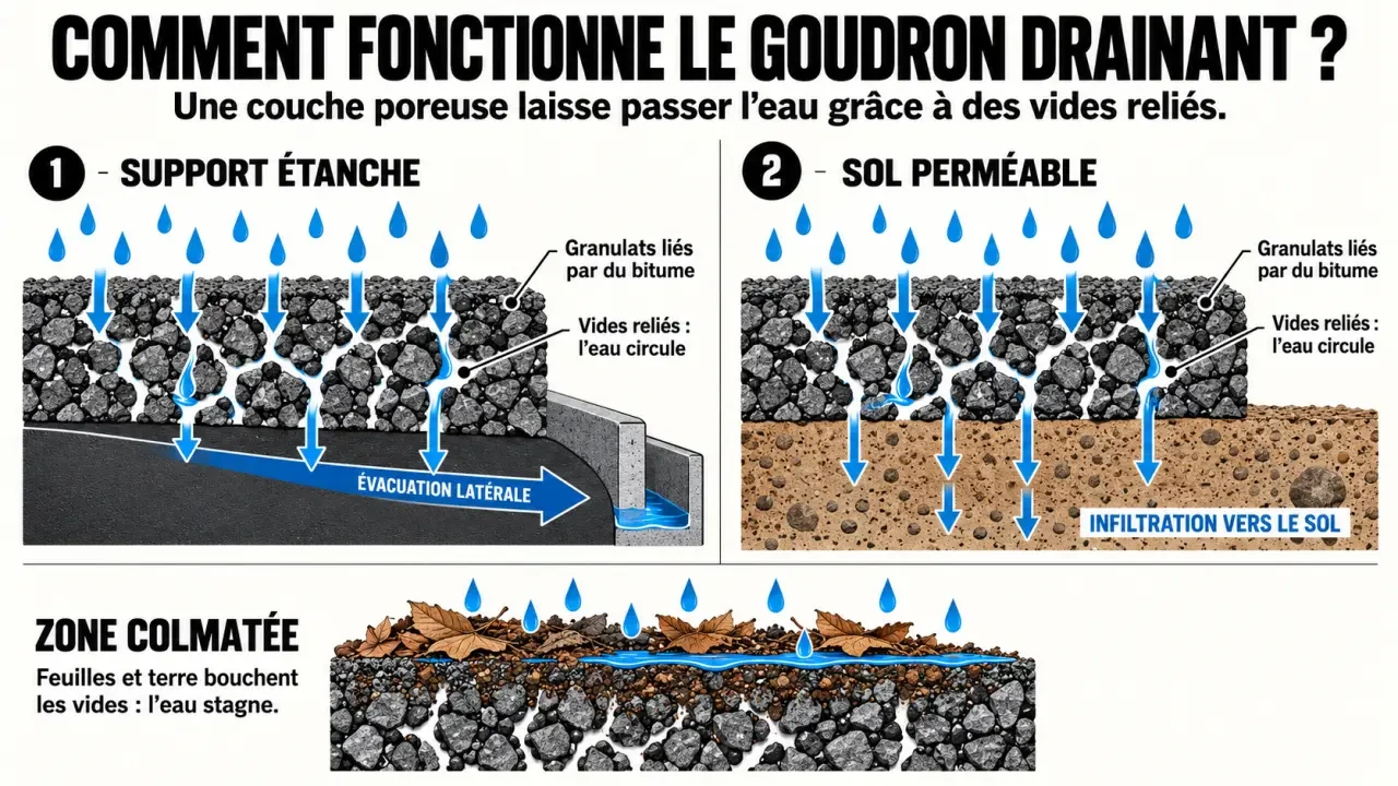 Infographie expliquant le fonctionnement du goudron drainant, le passage de l’eau et les limites liées au colmatage