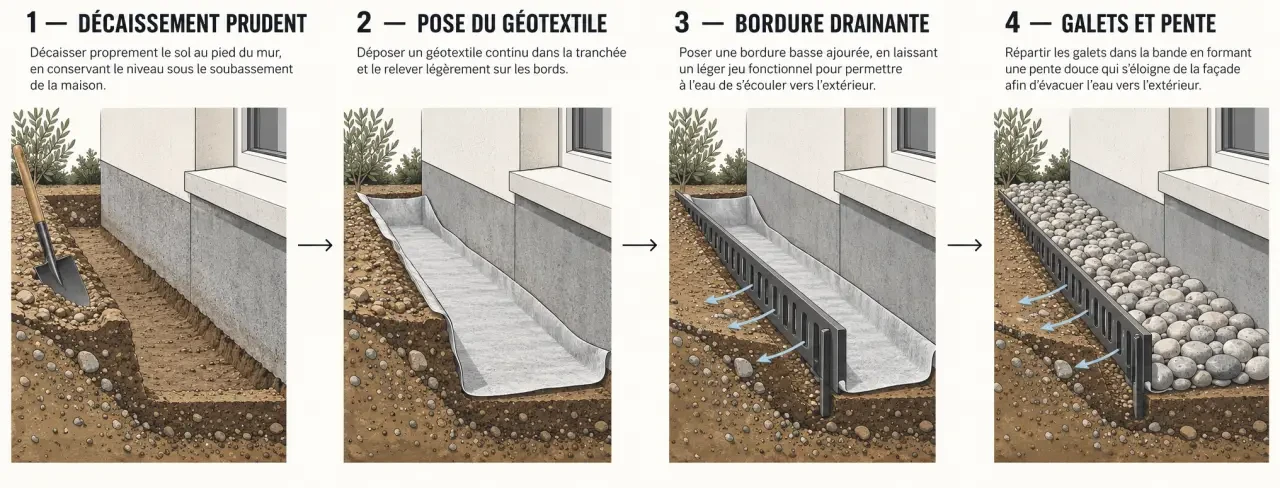 Pose d'une bande de galets bordure de propreté maison avec géotextile et bordure