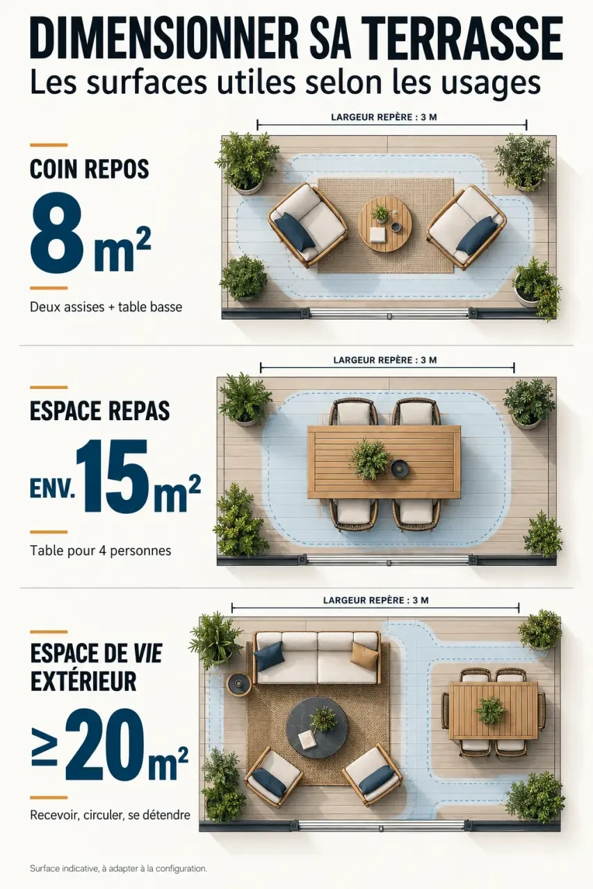 Infographie pour un plan d’une terrasse : surfaces indicatives selon le mobilier et les usages