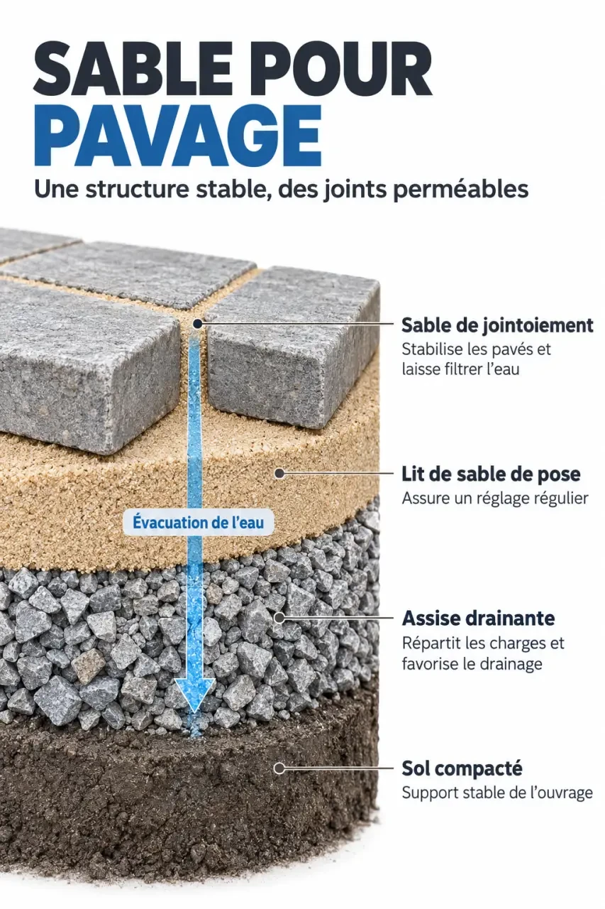 Infographie sur le sable pour pavage distinguant l’assise, le lit de pose, les pavés et les joints
