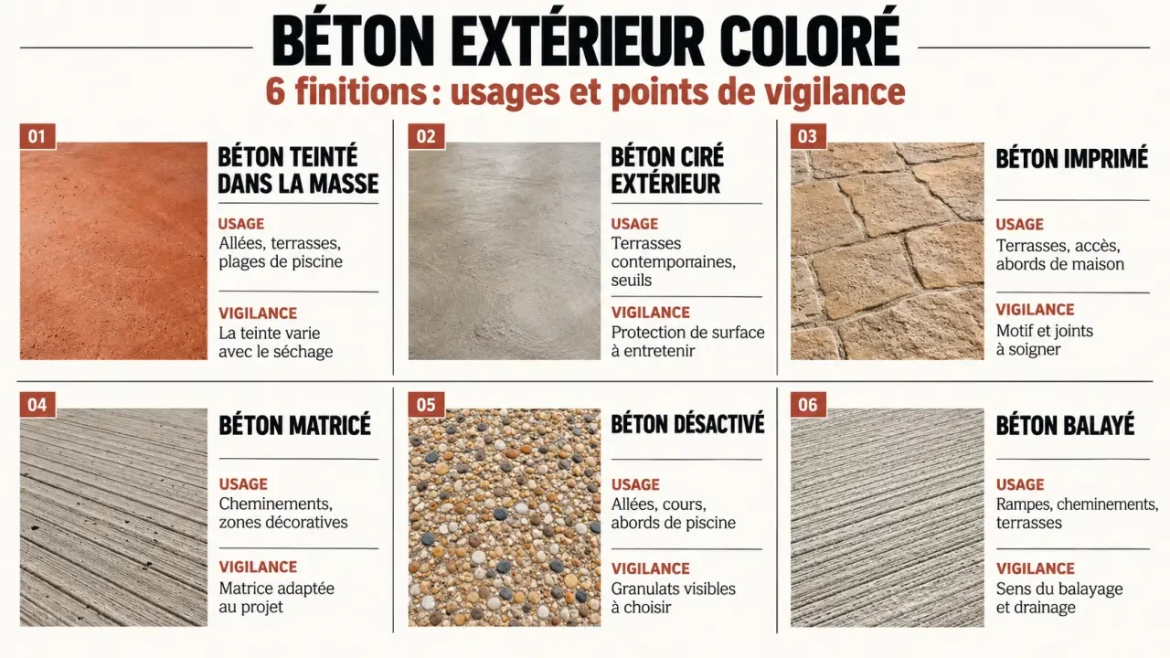 Infographie comparative des solutions de béton extérieur coloré et de leurs finitions