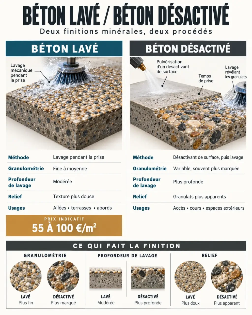 Infographie comparative du béton lavé et du béton désactivé