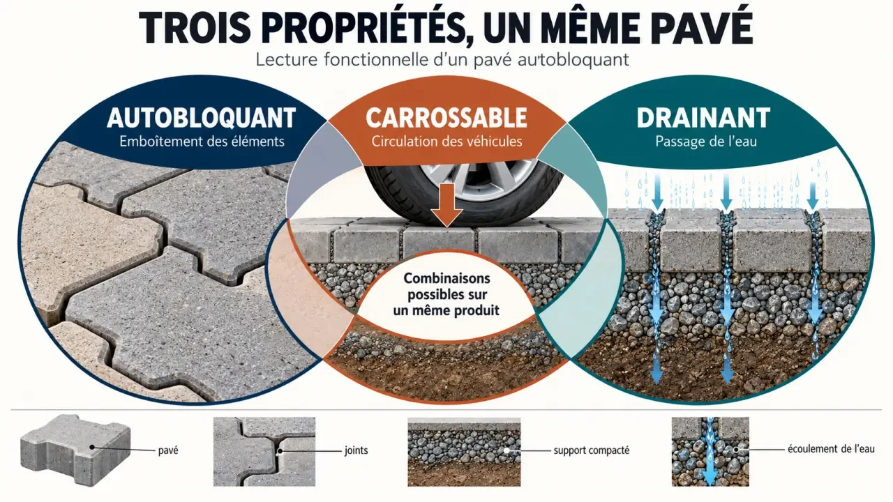 Infographie sur les propriétés d'un pavé autobloquant, carrossable et drainant