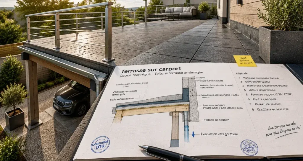 Terrasse sur carport : pourquoi une étude de charge et un drainage sont indispensables